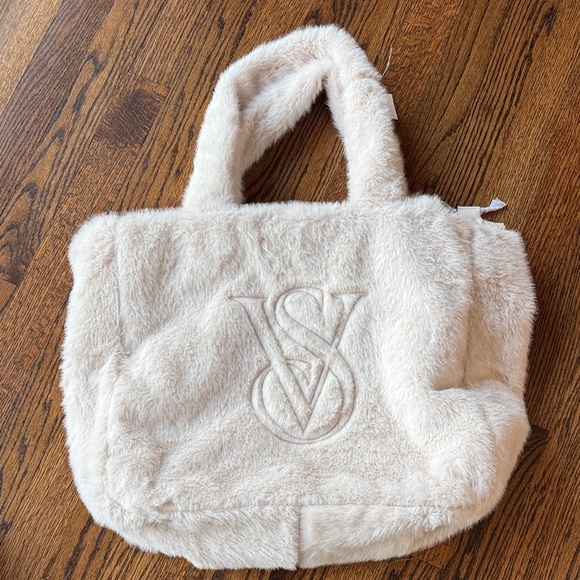 Victoria's Secret Handbags - Victoria's Secret Women Off-White Cream Plush Faux Fur Tote Bag Casual Travel